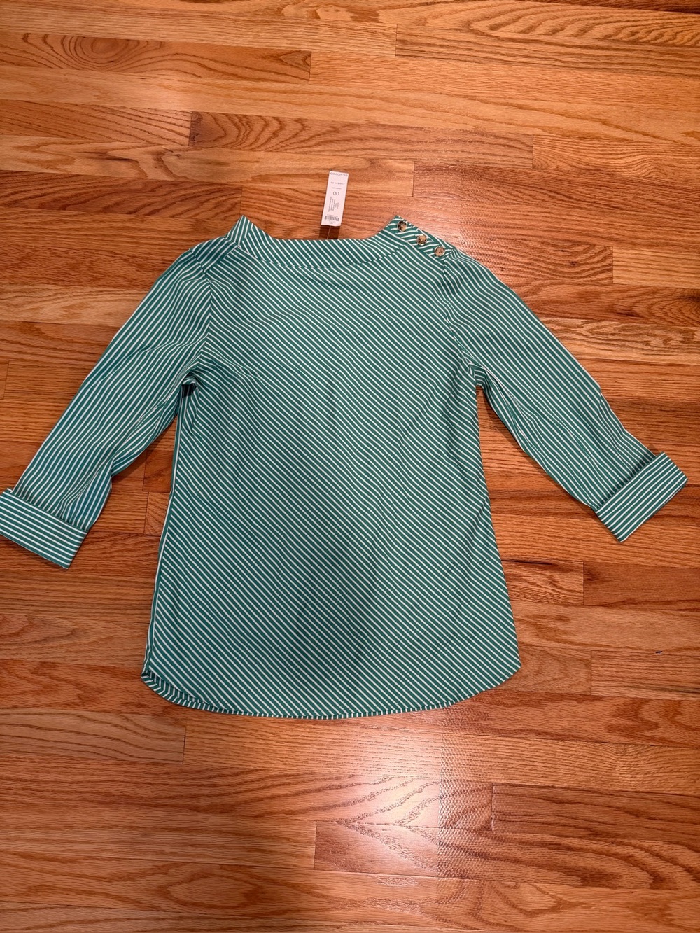 Chico’s Mock Neck Poplin Shirt Size 00 Green White Stripe 3/4 Sleeve NWT